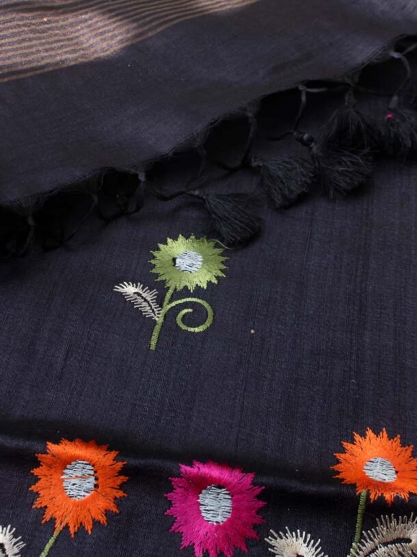 Multicolour-embroidered-Black-desi-tussar-silk-sari-Shilphaat