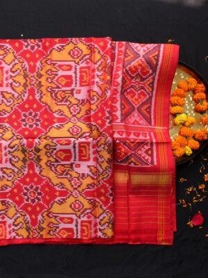 Red-and-yellow-Chhabdi-hathi-semi-double-Patola-silk-dupatta-Shilphaat
