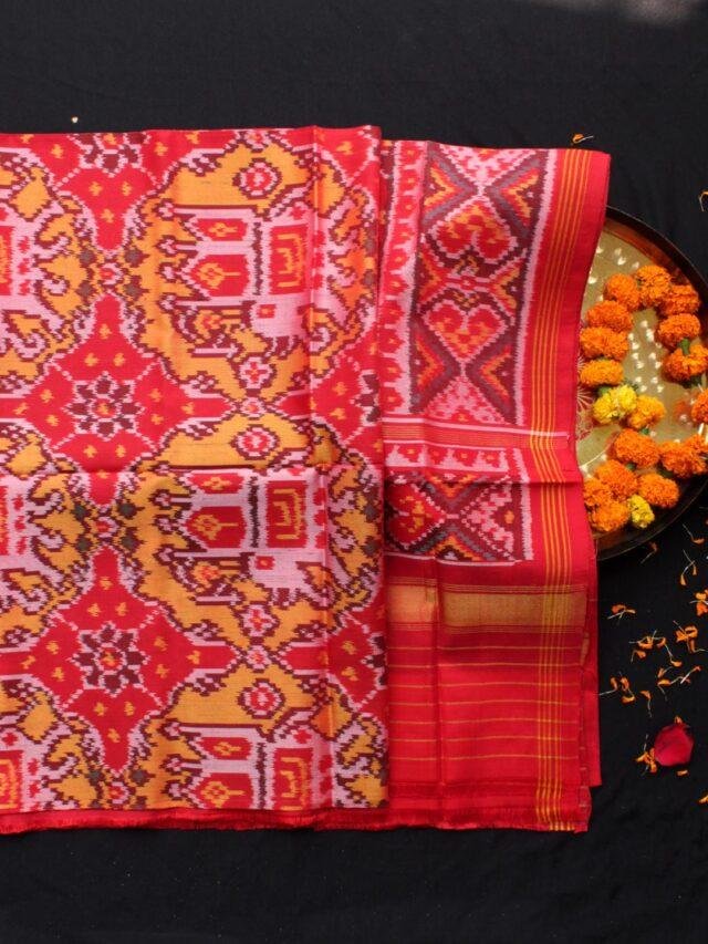 Red-and-yellow-Chhabdi-hathi-semi-double-Patola-silk-dupatta-Shilphaat