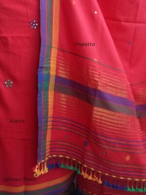 Scarlet-red-Bhujodi-mirrorwork-kala-cotton-Dress-material