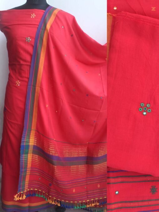 Scarlet-red-Bhujodi--mirrorwork-pure-cotton-Suit