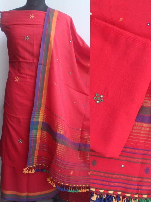 Scarlet-red-Bhujodi--mirrorwork-pure-cotton-Suit-Shilphaat