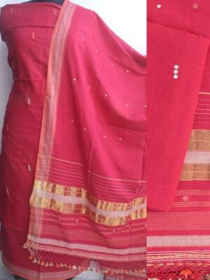 Tomato-red-Bhujodi--mirrorwork-kala-cotton-Suit