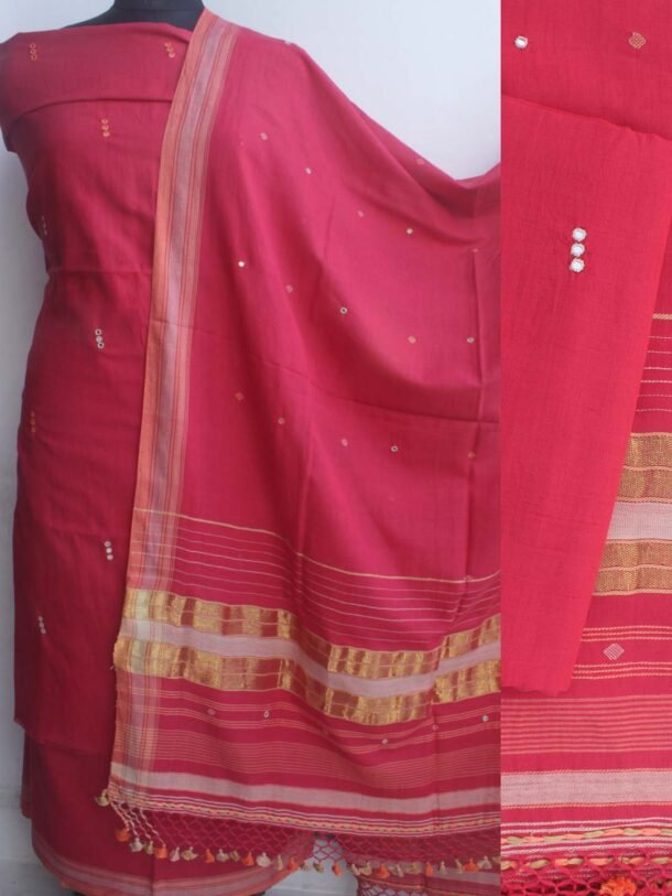 Tomato-red-Bhujodi--mirrorwork-pure-cotton-Suit.Shilphaat