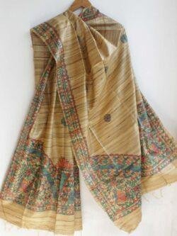 Brown-madhubani--ghicha-tassar-silk-dupatta by Shilphaat.com