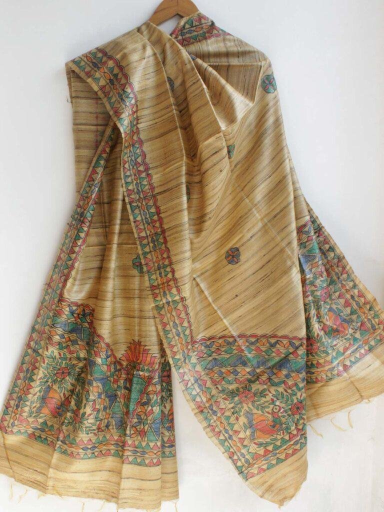 Beige Brown Tussar Silk Batik Printed Suit with Dupatta & Chanderi Bottom