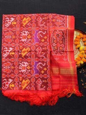 Hathi-Popat-and-swan-Red-double-ikat-Patola-silk-dupatta at Shilphaat.com