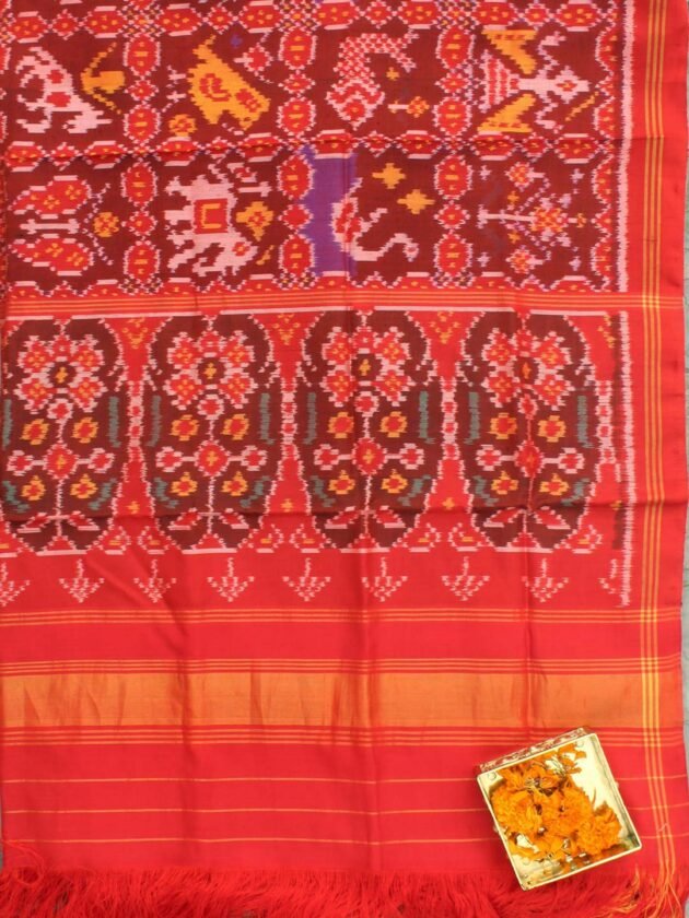 Hathi-Popat-and-swan-Red-semi-double-Patola-silk-dupatta.Shilphaat