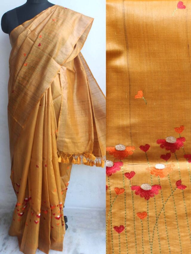 Multicolour-embroidered-Yellow-desi-tussar-silk-saree