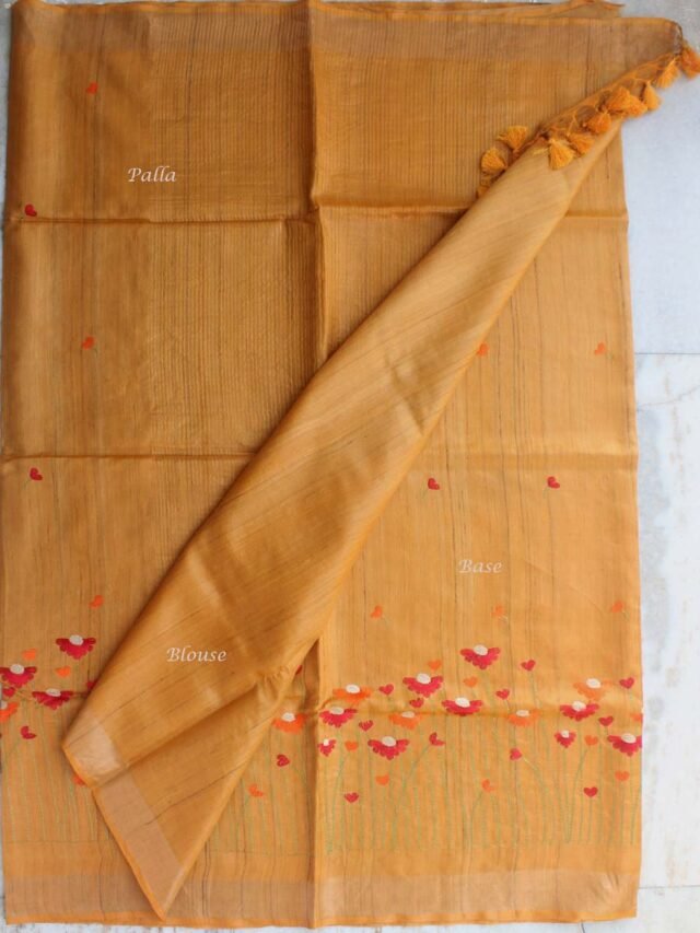 Multicolour-embroidered-Yellow-pure-desi-tassar-silk-saree