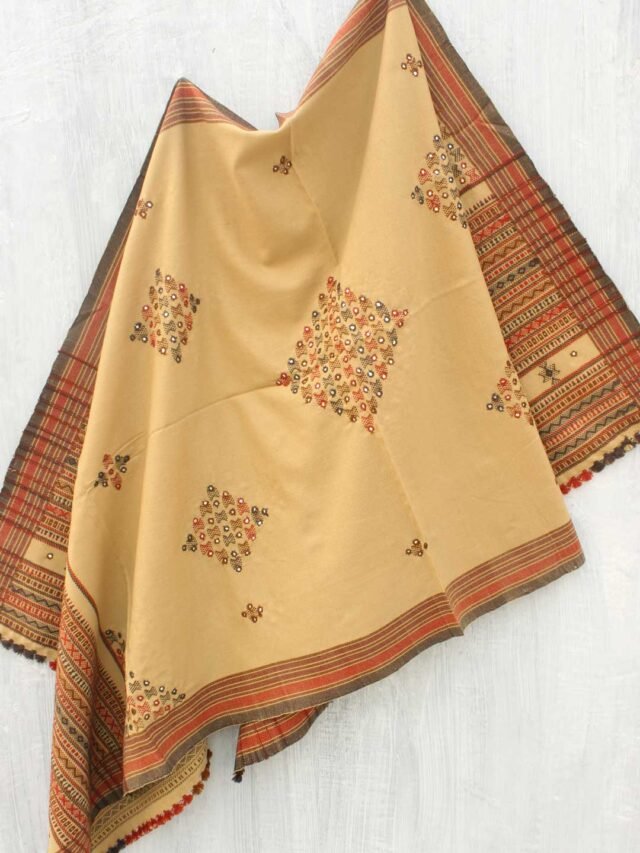 Fawn-Brown--Mirrorwork-Bhujodi-Shawl