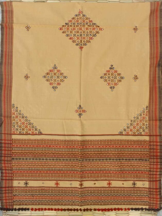 Fawn-brown-handwoven-Mirrorwork-Bhujodi-Shawl