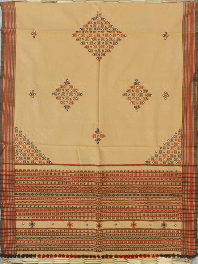 Fawn-brown-handwoven-Mirrorwork-Bhujodi-Shawl