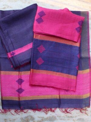 Fushia-Pink-and-Dark-Blue-Dupion-tasar-Silk-dress-material at Shilphaat.com