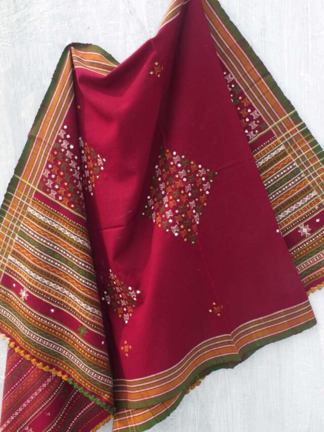 Maroon-red-Mirrorwork-Bhujodi-Shawl-Shilphaat