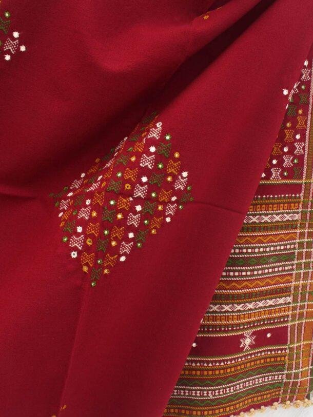 Maroon-red-Mirrorwork-Bhujodi-winter-Shawl at Shilphaat.com