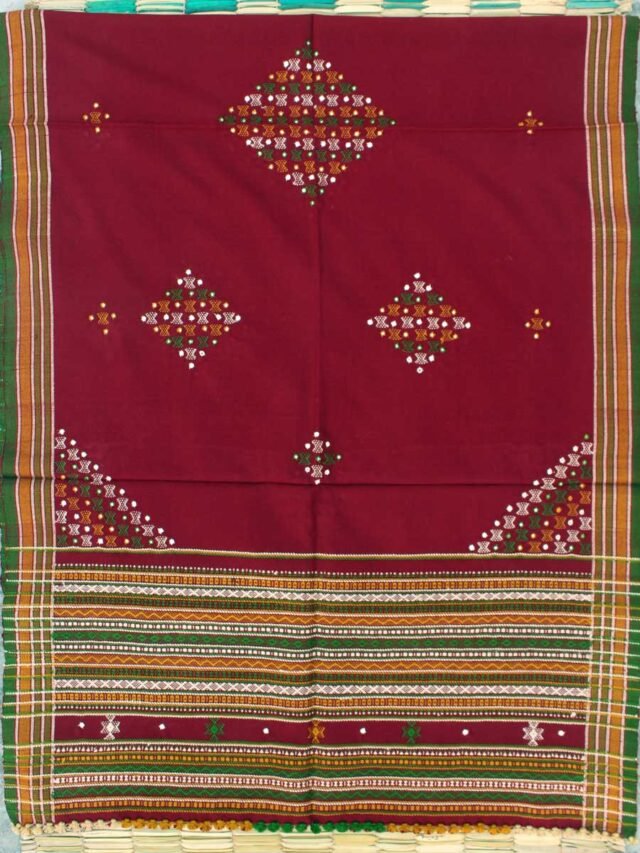 Maroon-red-handwoven-Mirrorwork-Bhujodi-Shawl