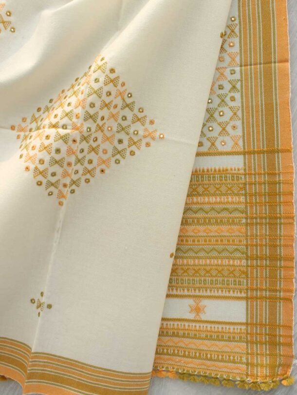 Off-white-and-Yellow-Mirrorwork-Bhujodi-woolen-Shawl