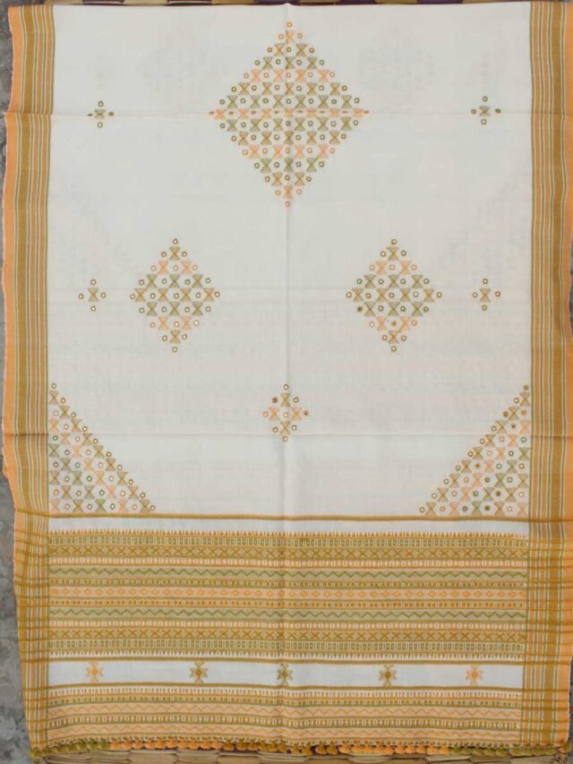 Off-white-and-Yellow-handwoven-Mirrorwork-Bhujodi-Shawl