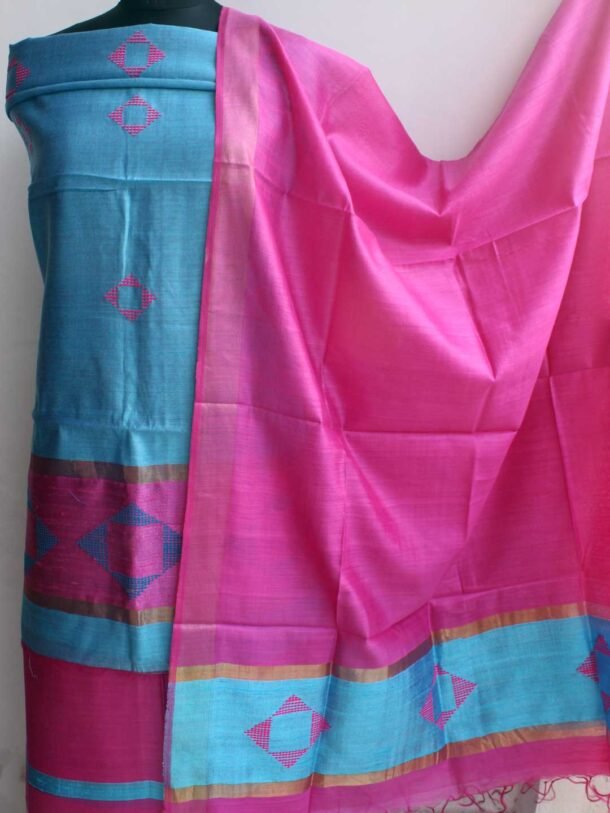 Sky-Blue-and-Pink-Dupion-silk-dress-material
