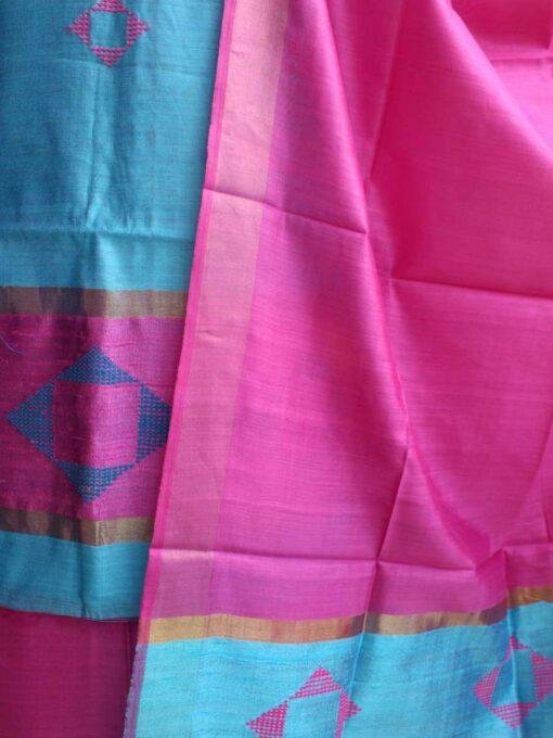 Sky-Blue-and-Pink-tassar-Dupion-Silk-ladies-suit