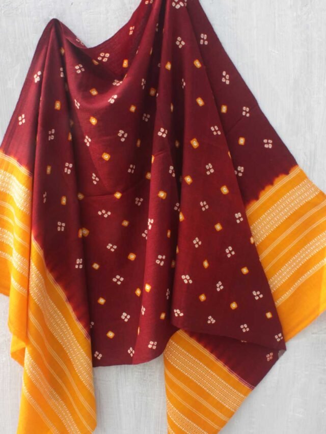Maroon-and-Yellow-Bandhej-pure-wool-shawl Shilphaat