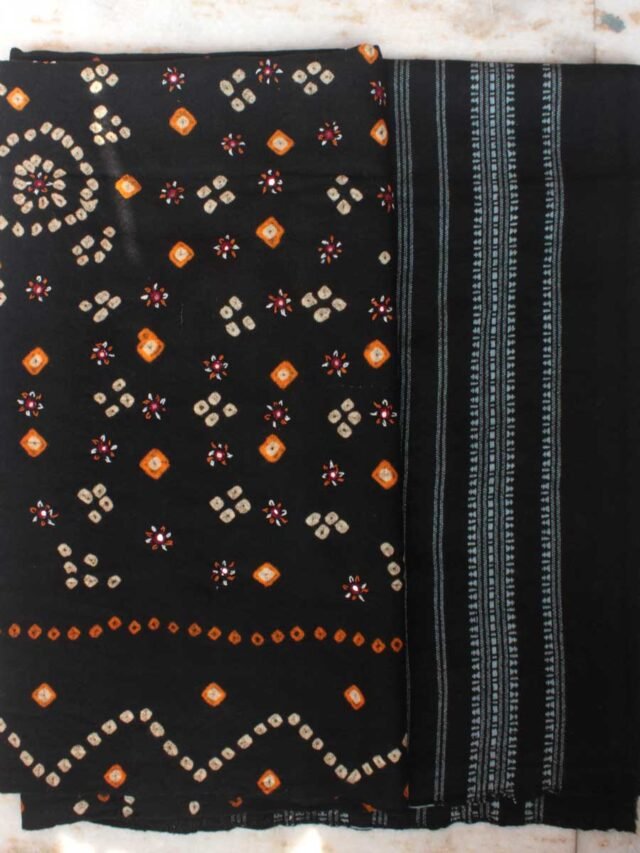 Black-Bandhej-mirrorwork-wool-scarf by Shilphaat
