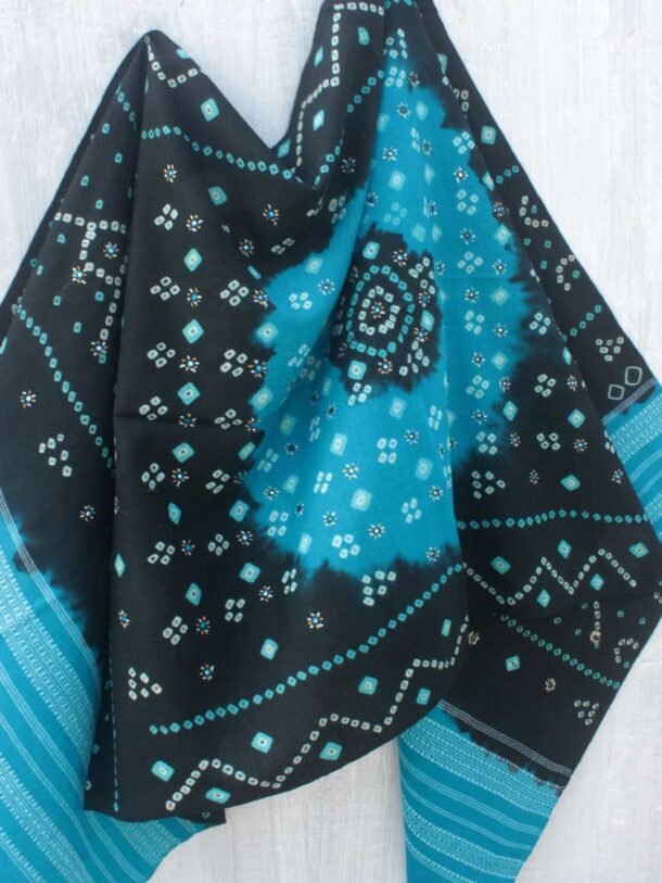 Black-and-blue-Bandhej-mirrorwork-woolen-shawl