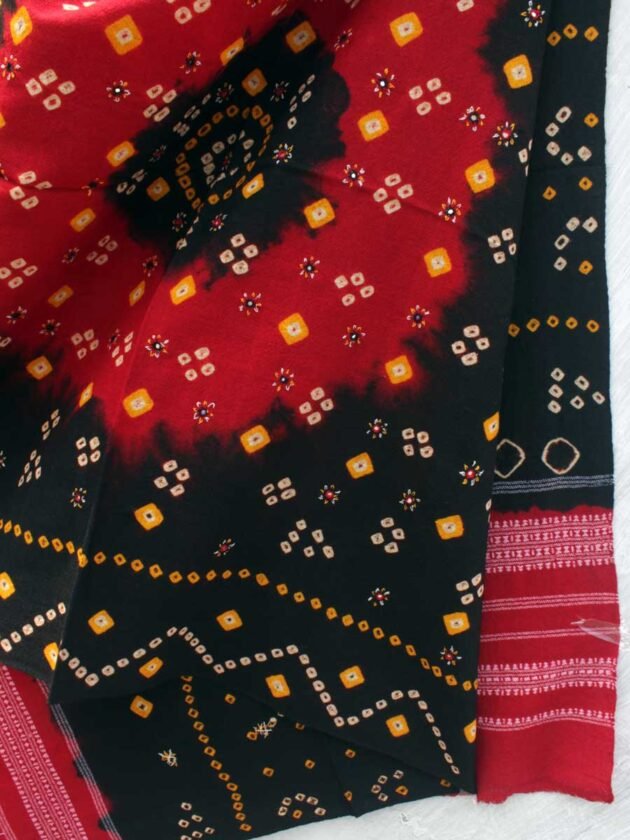 Black-and-red-Bandhej-mirrorwork-wool-scarf