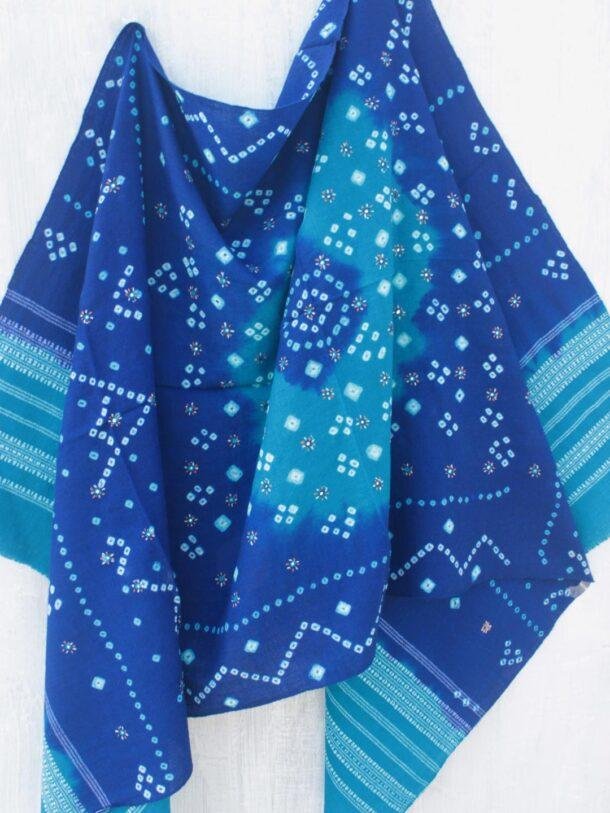 Blue-Bandhej-mirrorwork-bhujodi-woolen-shawl at Shilphaat.com