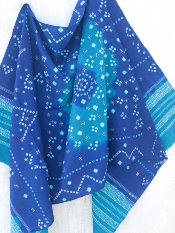 Blue-Bandhej-mirrorwork-woolen-shawl-Shilphaat