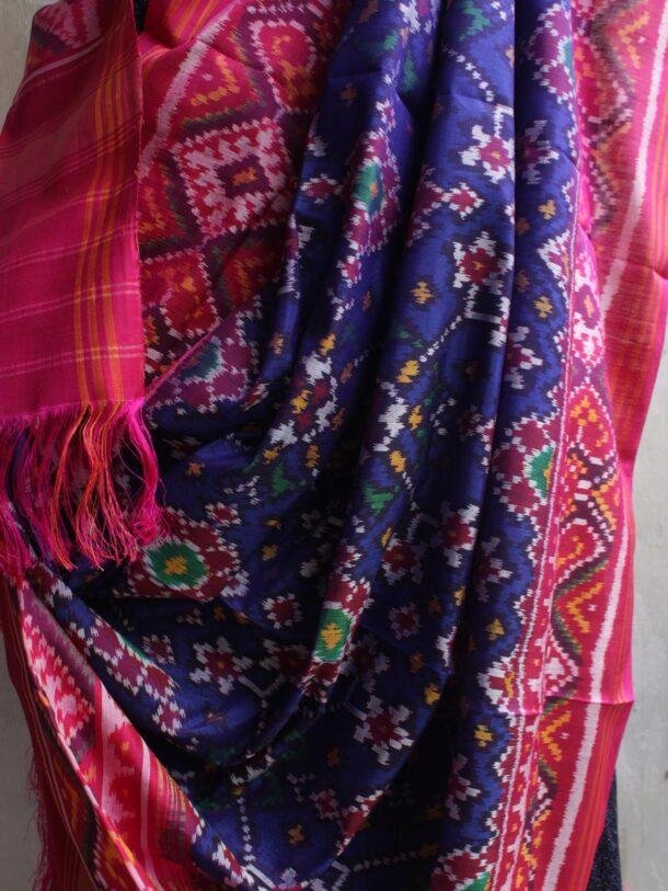 Dark-Blue-and-Red-Pink-double-ikat-patola-pure-silk-odhani