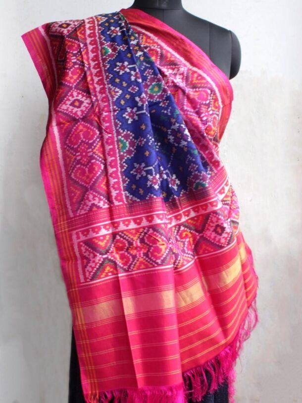 Dark-Blue-and-Red-Pink-double-ikat-patola-silk-odhani