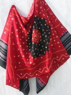 Dark-red-and-black-Bandhej-mirrorwork-woolen-shawl