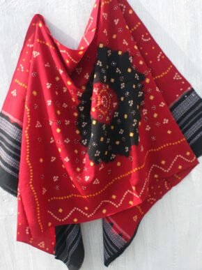 Dark-red-and-black-Bandhej-mirrorwork-woolen-shawl