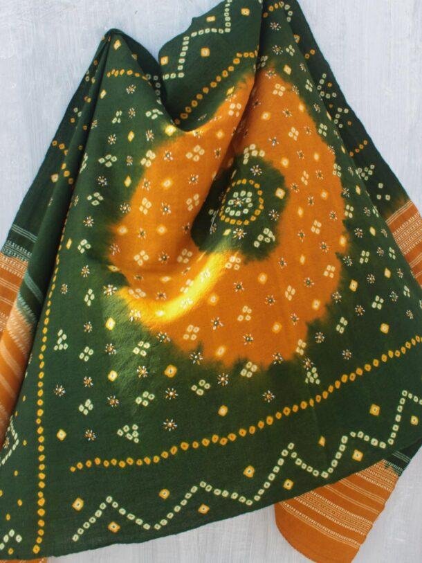 Green-and-Yellow-Bandhani-mirrorwork-woolen-shawl at Shilphaat.com