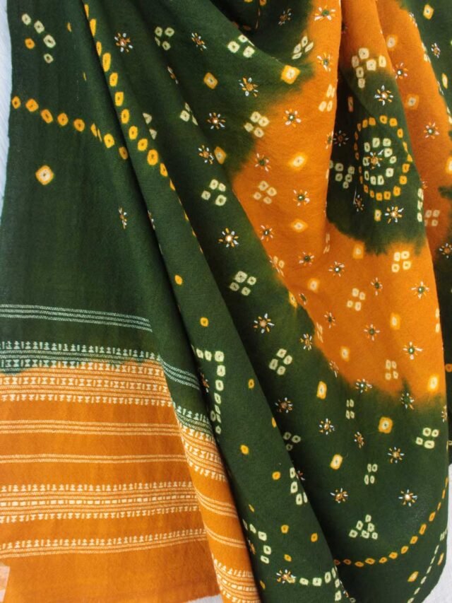 Green-and-Yellow-Bandhej-mirrorwork-wool-scarf