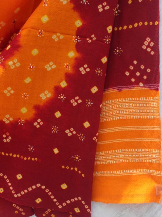 Maroon-and-yellow-Bandhej-mirrorwork-wool-scarf