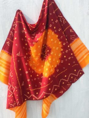 Maroon-and-yellow-Bandhej-mirrorwork-woolen-shawl-Shilphaat
