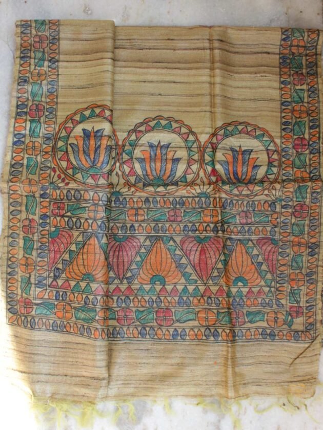 Greenish-Beige-madhubani-handpainted-bhagalpuri-silk-dupatta