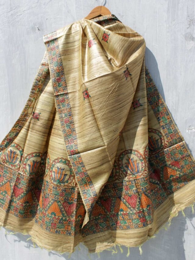 Greenish-Beige-madhubani-tasar-silk-dupatta Shilphaat