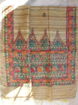 Greenish-Brown-madhubani-handpainted-bhagalpuri-silk-dupatta at Shilphaat.com