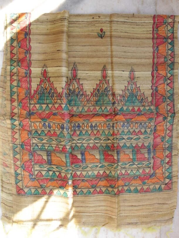 Greenish-Brown-madhubani-handpainted-bhagalpuri-silk-dupatta at Shilphaat.com