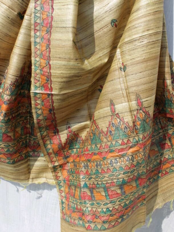 Greenish-Brown-madhubani-pure-ghicha-silk-dupatta at Shilphaat.com