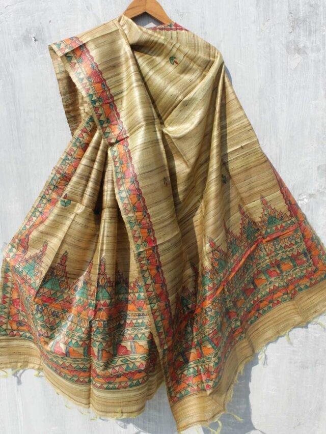Greenish-Brown-madhubani-tasar-silk-dupatta