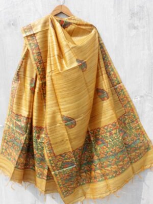Yellow-Brown-madhubani-tasar-silk-dupatta-Shilphaat