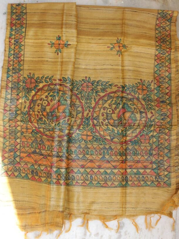 Yellow-Ochre-madhubani-handpainted-bhagalpuri-silk-dupatta