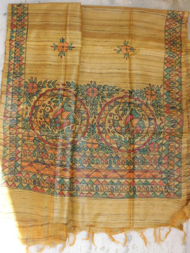 Yellow-Ochre-madhubani-handpainted-bhagalpuri-silk-dupatta
