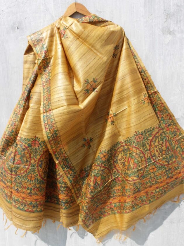 Yellow--Ochre-madhubani-tasar-silk-dupatta