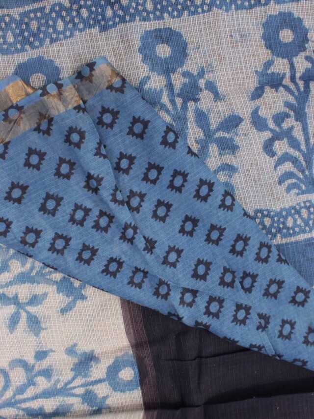 Black,-white-Blue--block-printed-Kota-doria-sari-Shilphaat